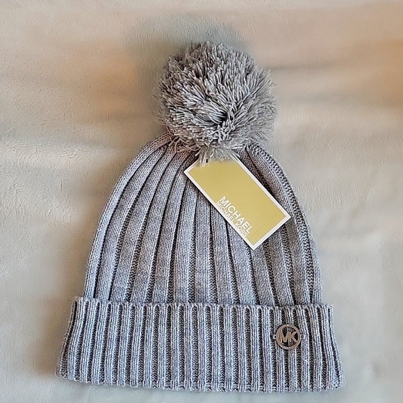 MICHAEL Michael Kors Accessories - MK Ribbed Grey Beanie with Pom Pom